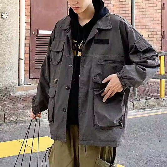 Spring Autumn Workwear Jacket Men's Trendy Hong Kong Style Lapel Coat Punk Oversized Harajuku Bomber Jacket Retro Casual Jacket