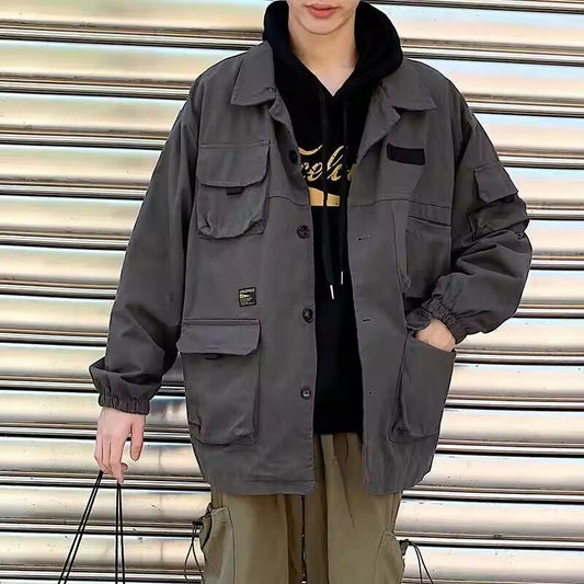 Spring Autumn Workwear Jacket Men's Trendy Hong Kong Style Lapel Coat Punk Oversized Harajuku Bomber Jacket Retro Casual Jacket