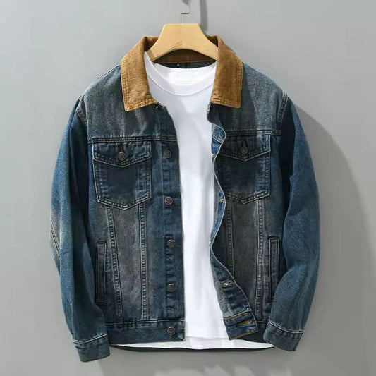 Patchwork Denim Jackets for Men Spring Autumn American Vintage Casual Slim Fit Workwear Distressed Old Washed Jeans Tops Outwear