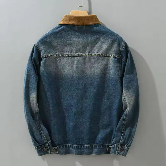 Patchwork Denim Jackets for Men Spring Autumn American Vintage Casual Slim Fit Workwear Distressed Old Washed Jeans Tops Outwear
